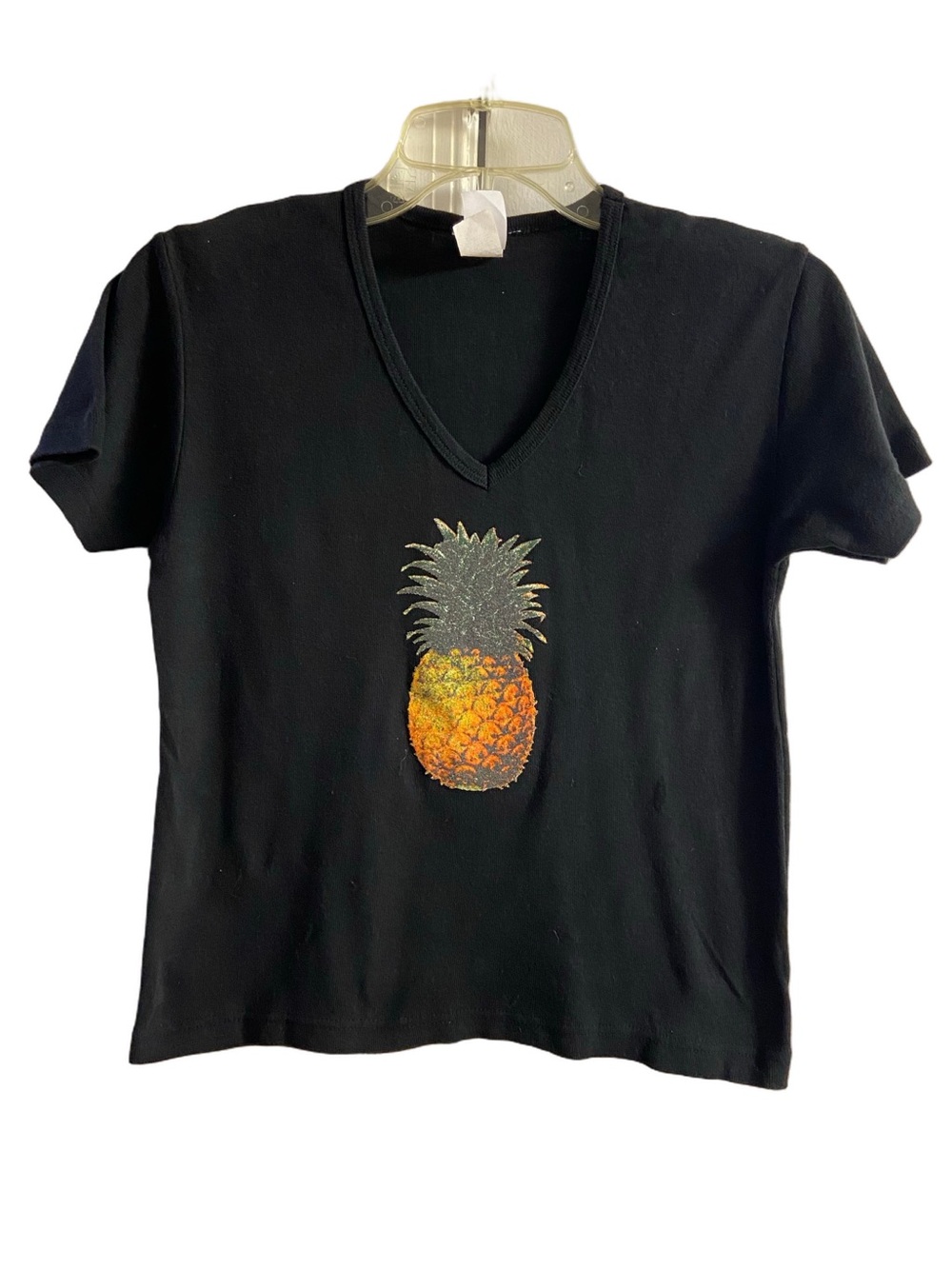 Acme Black V-Neck Pineapple Graphic Semi Crop Top T-Shirt Cotton Vintage Large